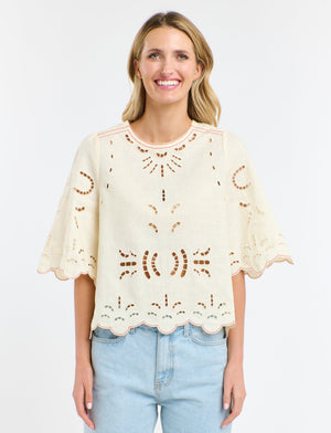 ANNE EMBROIDED TOP - ANITQUE CREAM