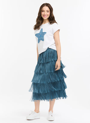 TIER FRINGE SKIRT - DENIM