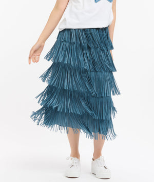 TIER FRINGE SKIRT - DENIM