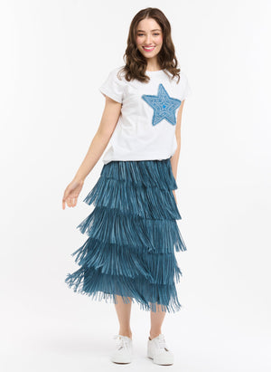 TIER FRINGE SKIRT - DENIM