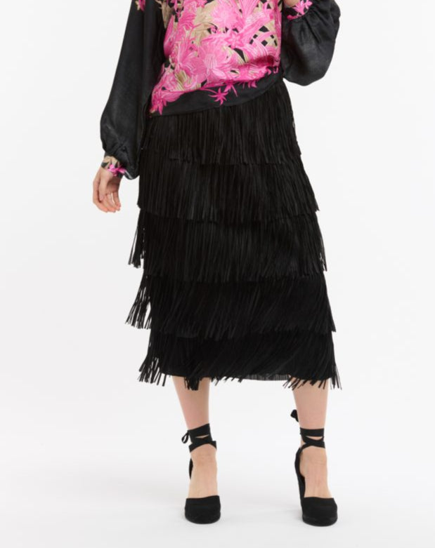 TIER FRINGE SKIRT - BLACK