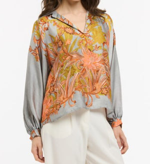 FLOWERS SHIRT - PALE BLUE & ORANGE