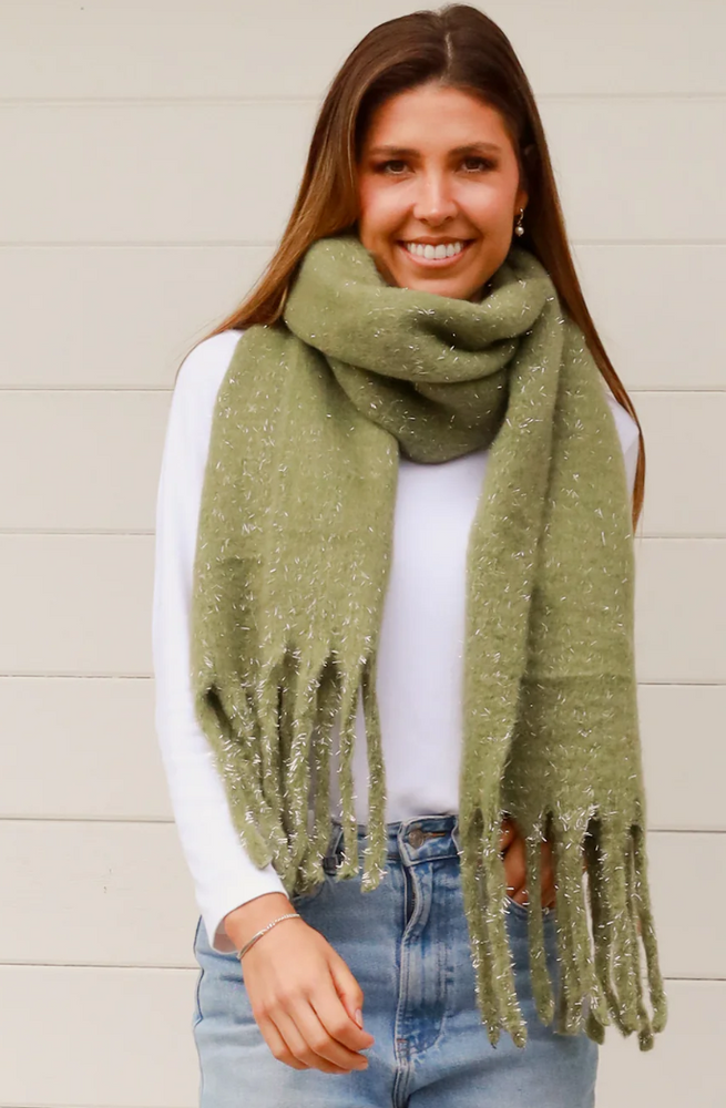 TASSEL SCARF - GREEN SILVER FLECK