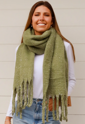 TASSEL SCARF - GREEN SILVER FLECK